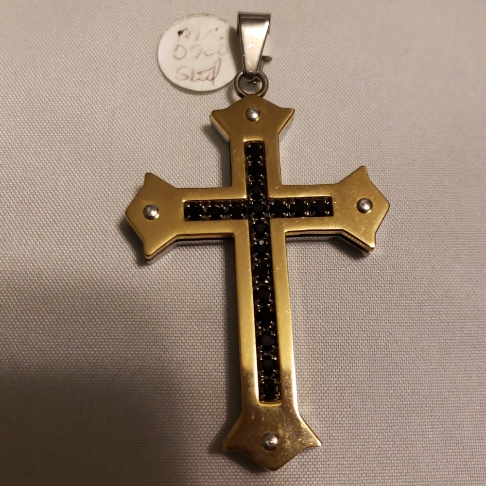Stainless steel cross with black crystals